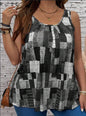 Plus Size Summer Geometric Printed Round Neck Pleated Casual Tank Top