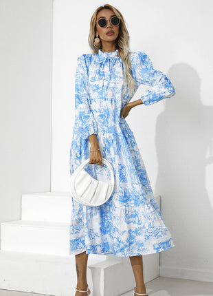 Round Neck Printed Loose Ninth-sleeve Dress