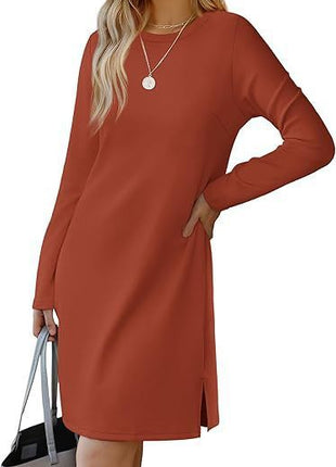 Round Neck Slit Hemline Sweater Long Sleeve Dress