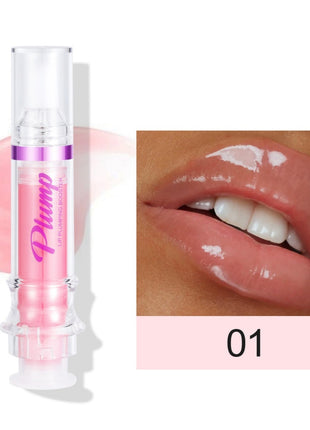 Pink lip balm with 'Plump' text on a white background