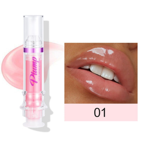 Pink lip balm with 'Plump' text on a white background
