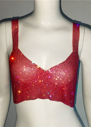 Deep V nick Rhinestone Metal Camisole Split Short Top