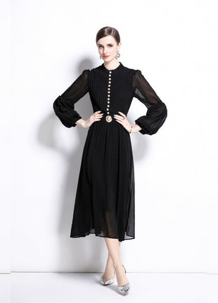 Buckle Pleated Stitching Puff Sleeve Waist-controlled Large Hem Temperament Dress
