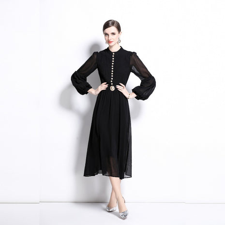 Buckle Pleated Stitching Puff Sleeve Waist-controlled Large Hem Temperament Dress