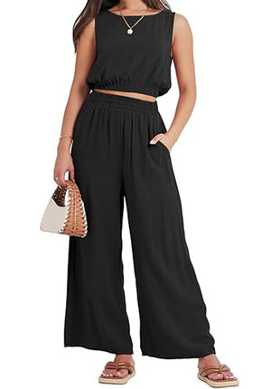 Round Neck Sleeveless Lower Hem High Waist Wide Leg Two-piece Set