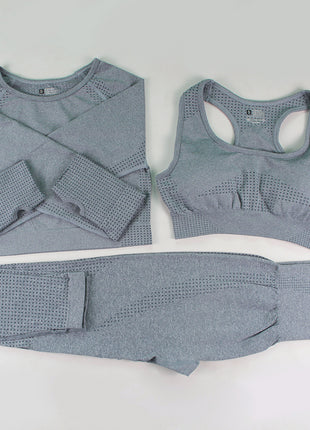 Three-piece Bra, Long Sleeve Top and Trousers Yoga Suit