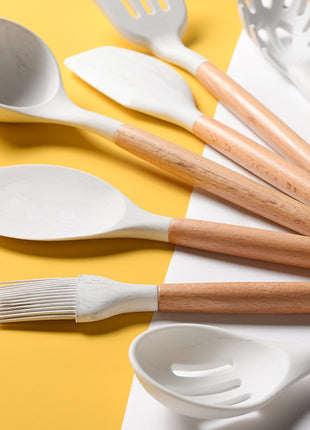 White Silicone Marbled Wooden Handle Kitchenware Set of 11
