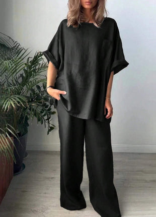 Casual Crew Neck Short Sleeve Top And Long Pants 2pcs Set