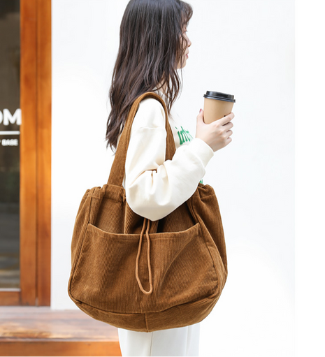 Ins Corduroy Drawstring Multi-Pocket Shoulder Bag