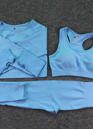 Three-piece Bra, Long Sleeve Top and Trousers Yoga Suit