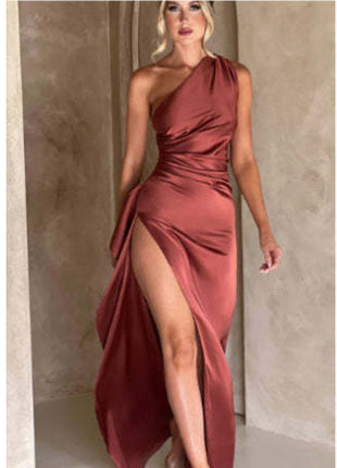 Sexy Satin One-shoulder Backless Slit Dress