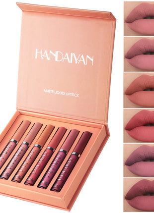 A set of six liquid lipsticks in various shades, presented alongside their packaging with the brand name HANDAIYAN visible.