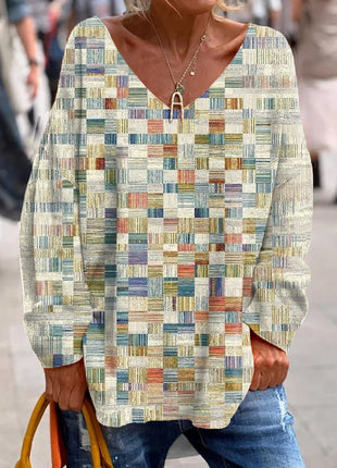 V-neck Floral Shading Printed Long-sleeved Top