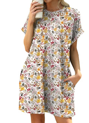 Loose Crew Neck Short Sleeve Printed Pocket Dress
