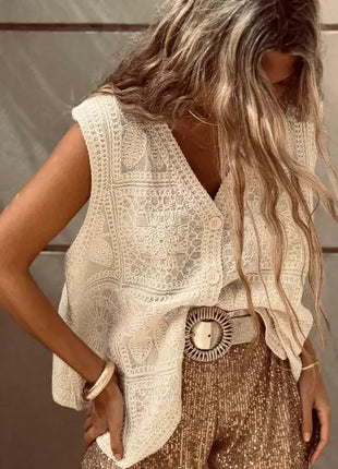 Cotton V-neck Lace Embroidered Buckle Cardigan