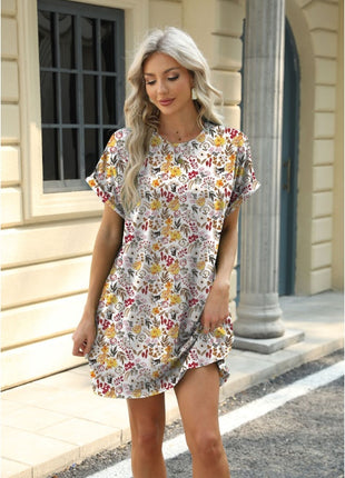 Loose Crew Neck Short Sleeve Printed Pocket Dress