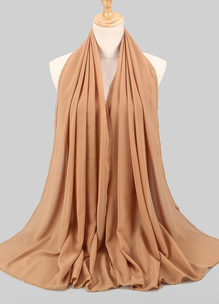 Elegant Women's Monochrome Lace Panel Pearl Chiffon Scarf