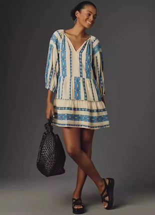 Sleeve V-neck Striped Printed A- Line Skirt Dress