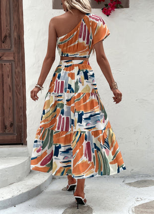 Crop One Shoulder Blouse & Ruffle Hem Skirt