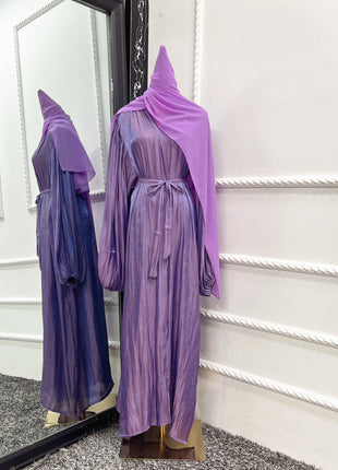 Bubble Sleeve Cardigan Elegant Long Lanyard Abaya with Headscarf