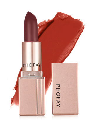 A PHOFAY matte lipstick in a rose pink shade, displayed next to its open packaging.