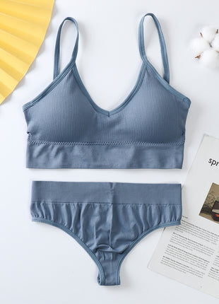 No Steel Ring Gather Beautiful Cotton Back Thin French Triangle Cup Bra Set