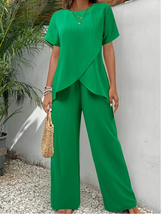 Elegant Crew Neck Short Sleeve Top And Long Pants 2pcs Set