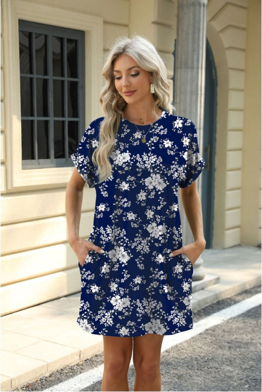 Loose Crew Neck Short Sleeve Pocket Dress