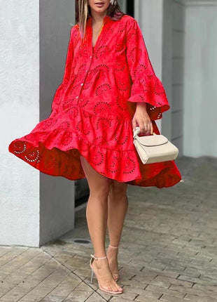Red V-neck Loose Embroidered Hollow Lace Dress