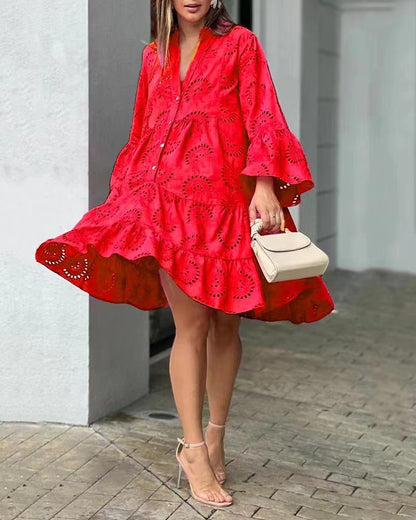 Red V-neck Loose Embroidered Hollow Lace Dress