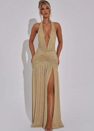 V-neck Halter Backless Bright Silk Dress