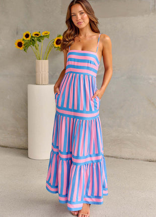 Summer Striped Suspender Long Dress With Pockets