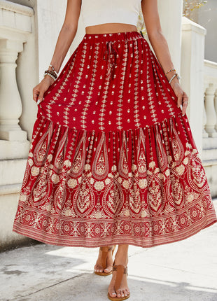 Rayon Printed Stitching Wide Hem Skirt