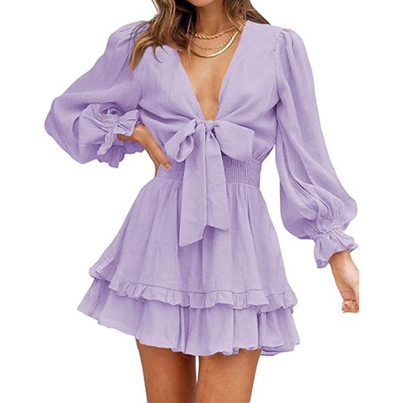 V-neck Ruffled Slimming Long Sleeves Dress
