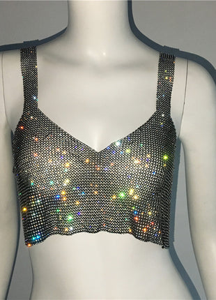 Deep V nick Rhinestone Metal Camisole Split Short Top