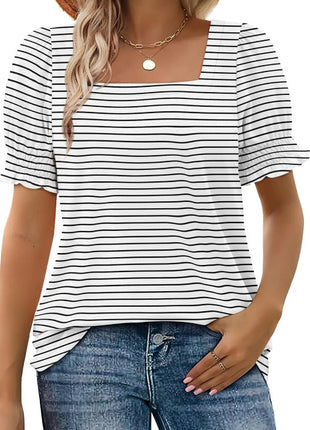 U-neck Petal Sleeve Loose Stripes T-shirt