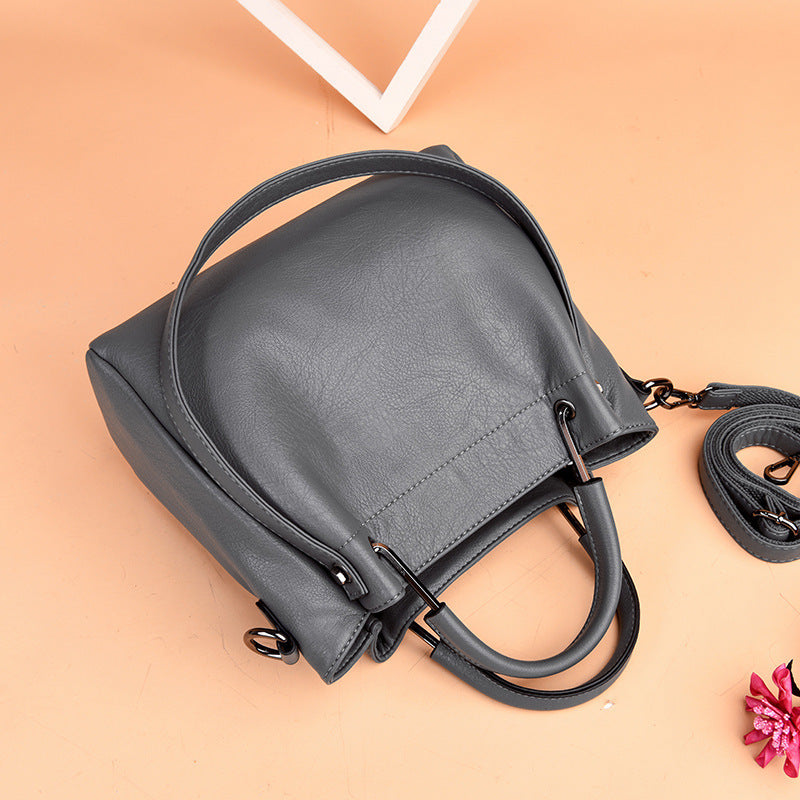 Korean Fashion Soft Leather Retro Bucket Handbag