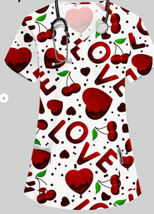 Vibrant Print Scrub Top Casual V-Neck Short Sleeve