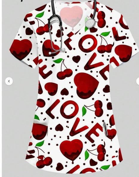 Vibrant Print Scrub Top Casual V-Neck Short Sleeve