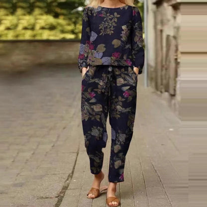 Casual Floral Round Neck Long-sleeve Suit