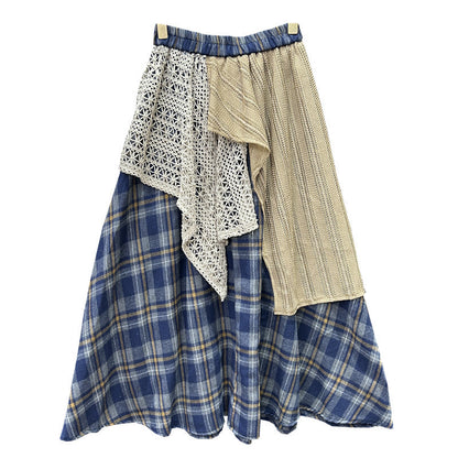 Irregular Stitching Color-contrast Check Skirt