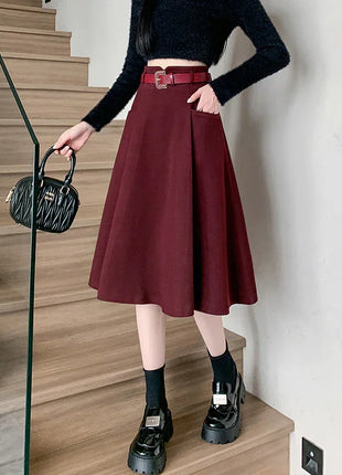 Woolen Mid-Length High Waist Skirt