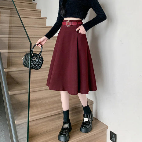 Woolen Mid-Length High Waist Skirt