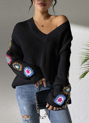 Crochet V-Neck Pullover Sweater
