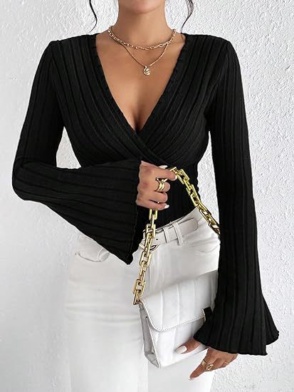 Autumn And Winter Rib Sunken Stripe V-neck Flared Slim-fit Long Sleeve T-shirt Elegant Women's Top
