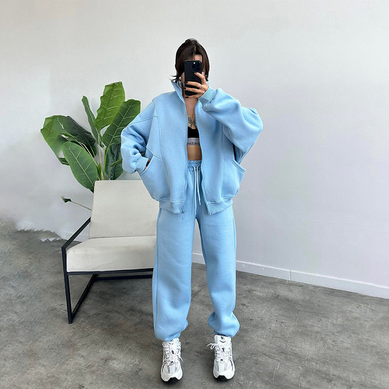 Stand-up Collar Zipper and Drawstring Trousers Set with Pockets