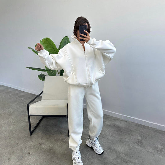 Stand-up Collar Zipper and Drawstring Trousers Set with Pockets