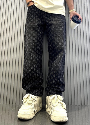 Jacquard High Street Loose Straight Washed Wide-leg Jeans