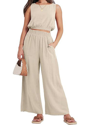 Round Neck Sleeveless Lower Hem High Waist Wide Leg Two-piece Set