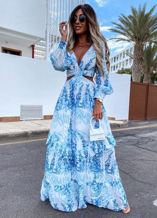 V-neck Long-sleeved Long Dress